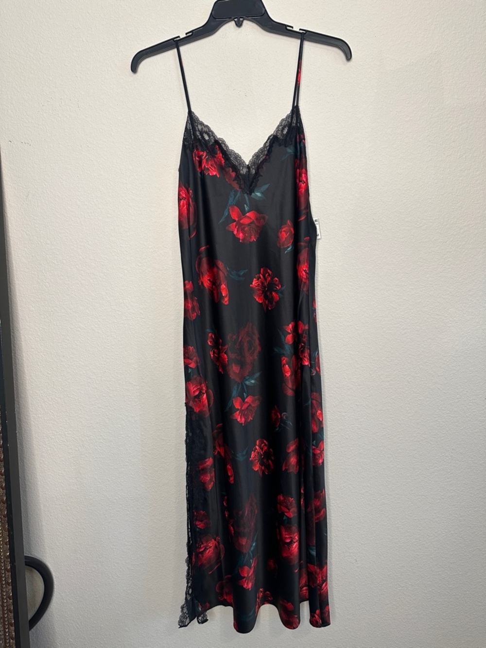 INC International Concepts Black Slip with Red Floral Print and Lace‎ Trim